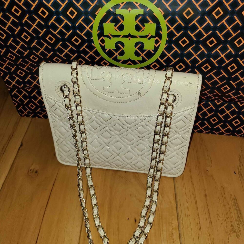 Tory Burch Designer Cream Marion Quilted Foldover Purse handbag